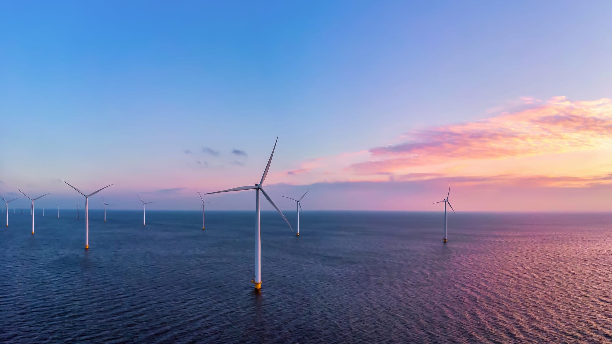 Morska farma wiatrowa o zachodzie słońca